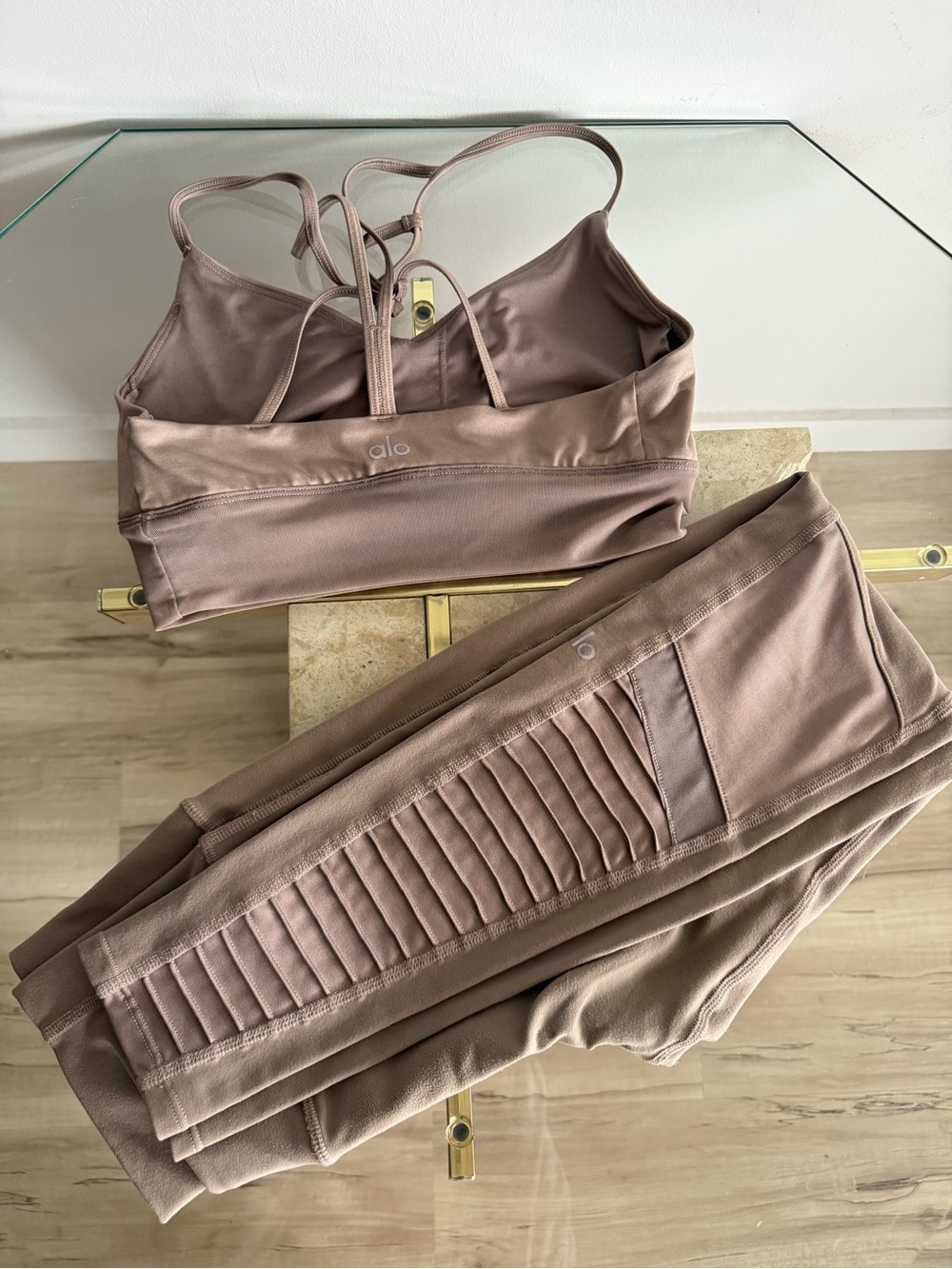 ALO Yoga Moto Legging & Strappy Sports Bra Set in Taupe